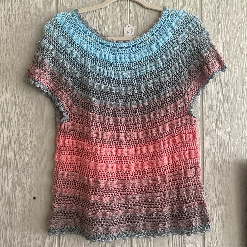 Women Handmade Crochet Blue Pink Ombré Multicolor Short Sleeve Boho Top No Size - Picture 5 of 6